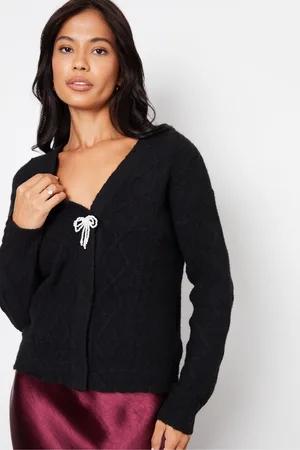 Threadbare Black Bow Detail Cable Knit Cardigan AU 12