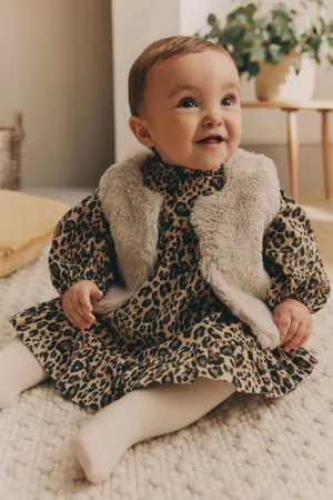 Next Girls Leopard Print Faux Fur Gilet, Dress & Tights Set (0mths-2yrs)