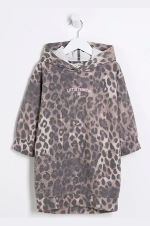 River Island Girls Girls Long Sleeve Hooded Leopard Print 100% Cotton Dress