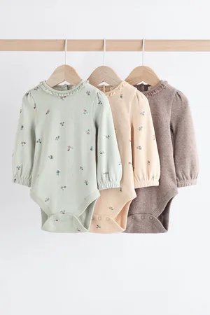 Next Girls Sage / Tan Brown Floral Baby Long Sleeve Bodysuits 3 Pack