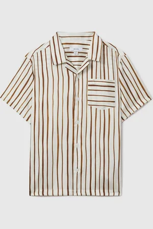 Reiss Boys Ecru/Tobacco Rava 9-13 yrs Striped Cuban Collar Shirt
