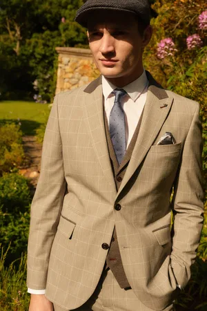 Next Mens Taupe Slim Fit Trimmed Check Suit Jacket