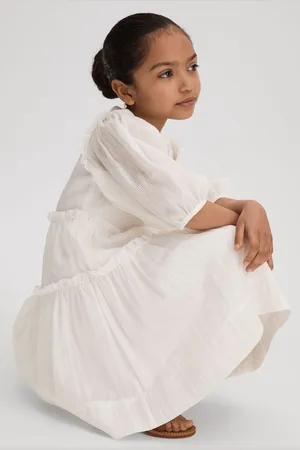Reiss Girls Ivory Tash 9-13 yrs Tiered Linen Blend Puff Sleeve Dress