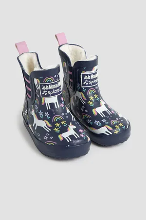 JoJo Maman Bébé Girls Navy Unicorn Cosy Lined Ankle Wellies