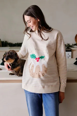 JoJo Maman Bébé Womens Stone Maternity Christmas Pudding Sweatshirt