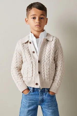 Reiss Boys Oatmeal Melange Fleet 9-13 yrs Cable-Knit Cardigan