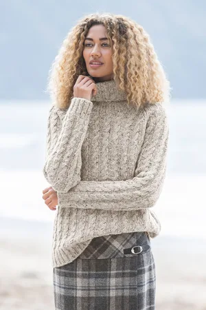 CELTIC & CO. Womens Donegal Cable Roll Neck Jumper