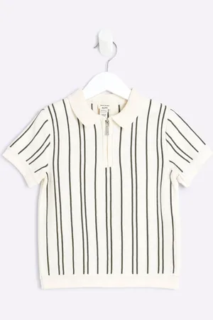 River Island Boys Ecru Vertical Stripe 100% Cotton Polo Shirt 2