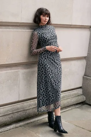 mint&berry Floral Print Mesh Midi Dress L