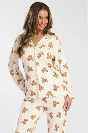 Loungeable Cream Teddy Bear Button Shirt And Long Pant Pyjama Set L