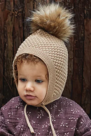 The Little Tailor Girls Baby Pom Pom Textured Knitted 100% Cotton Hat