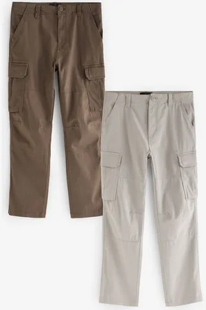 Next Mens Light Stone/Mushroom Brown Straight Fit Cotton Rich Stretch Cargo Trousers 2 Pack