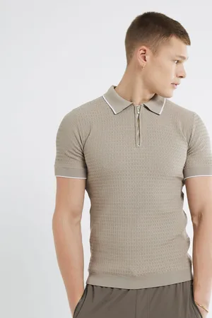 River Island Stone Short Sleeve Muscle Fit Textured Tipped Polo Shirt M