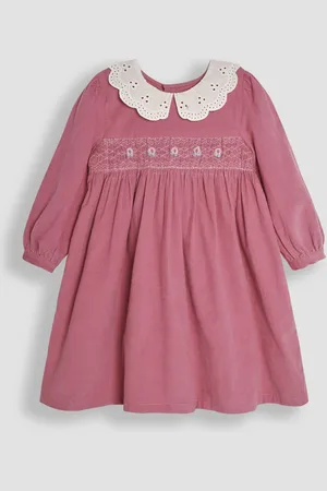 JoJo Maman Bébé Girls Floral Embroidered Smocked Cord Dress & Tights Set