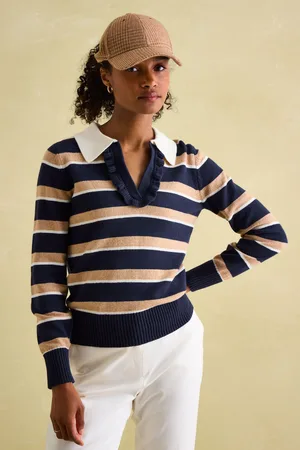 Joules Womens Maddie Navy/Oatmeal V Neck Stripe Jumper with Collar
