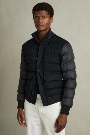 Reiss Mens Navy Marsian Patch-Pocket Quilted-Alcantara Jacket
