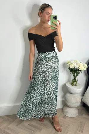 Style Cheat Womens Leopard Print Demi Belted Pleated Midi Skirt