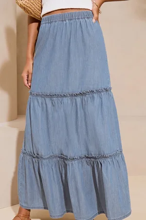 Lipsy London Womens Navy Tiered Lightweight Chambray Denim Maxi Skirt