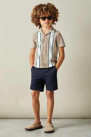Reiss Boys Camel/Off White/ Forest Green Alton 3-9 yrs Ribbed Cuban Collar Shirt