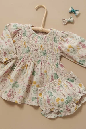 Purebaby Girls Cream Lily Pad Print 100% Cotton Dress and Bloomer Set