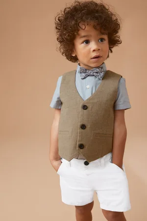 Next Boys Tan Brown Waistcoat, Shirt, Short & Bow Tie Set (3mths-9yrs)