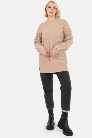 Lovedrobe Womens Pearl Embellished Long Length Cable Knit Jumper