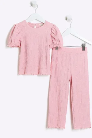 River Island Girls Girls Puff Sleeve Textured 100% Cottton Top And Trousers Set