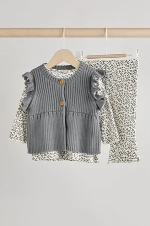 Next Girls Leopard Print Baby 100% Cotton Long Sleeve Top Knitted Waistcoat and Leggings Set 3 Piece (0mths-2yrs)