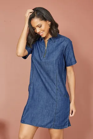 Yumi 100% Cotton Chambray Dress With Zip Neckline AU 16