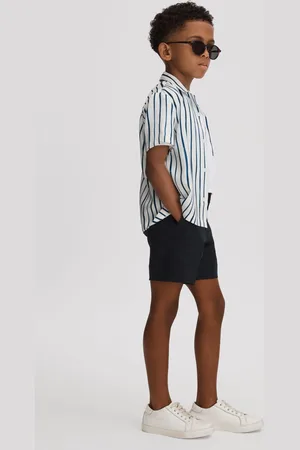 Reiss Boys White/Blue Rava Junior Striped Cuban Collar Shirt