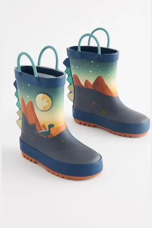 Next Boys Navy Dinosaur Scene Handle Pull-On Wellies