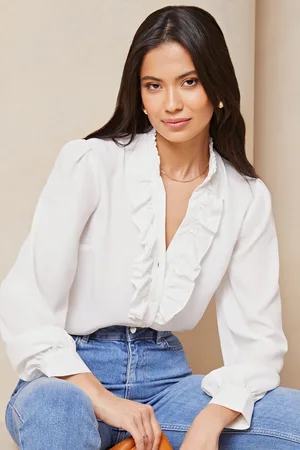 Lipsy London Womens Ivory Ruffle Placket V Neck Blouse