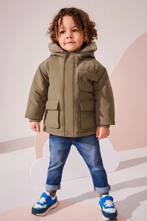 Next Boys Neutral Faux Fur Hood Shower Resistant Parka (3mths-7yrs)
