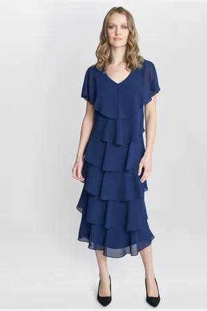 Gina Bacconi Rebecca Midi Tiered Dress With Shoulder Trim AU 10