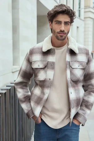 Next Mens Neutral Borg Lined Check Trucker Jacket with Wool