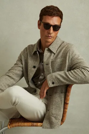 Reiss Mens Oatmeal Check Marble Checked Brushed Workwear Jacket