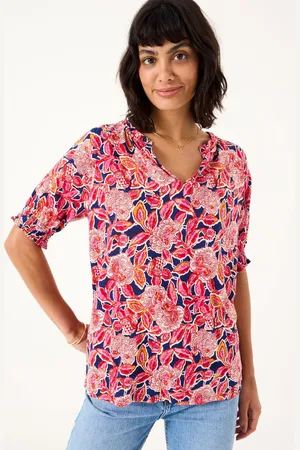 Fat Face FatFace Florence Indigo Blue Batik Floral Short Sleeve Top AU 14