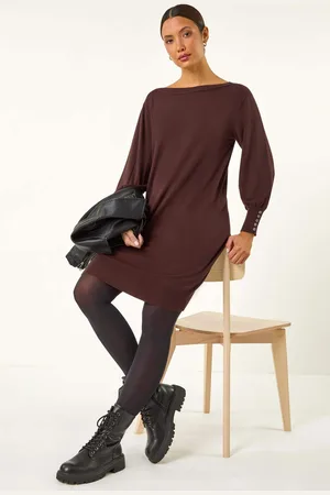 Roman Button Detail Slash Neck Knitted Stretch Jumper Dress AU 14