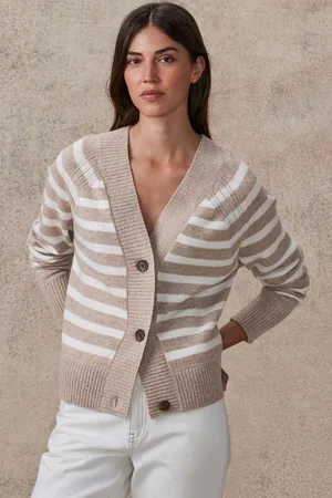 Next Womens Neutral/Ecru Stripe 100% Lambswool Soft Touch Button Through Cardigan