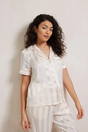Chelsea Peers White Satin Jacquard Stripe Long Pyjama Set AU 8
