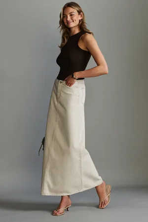 Next Womens Ecru Beige Denim 100% Cotton Midi Skirt