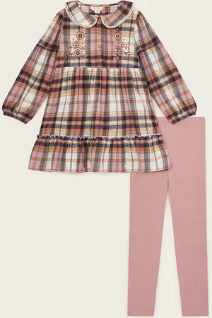 Monsoon Girls Check Embroidered 100% Cottonc Blouse and Leggings Set