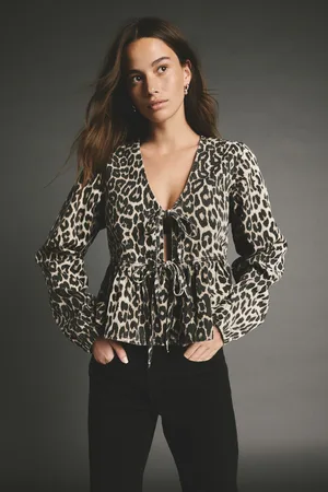 Next Womens Leopard 100% Cotton Tie Front Smock Blouse