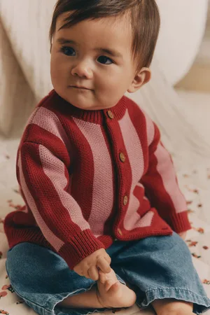 Next Girls Pink/ Stripe Baby 100% Cotton Knitted Cardigan (0mths-2yrs)