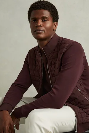 Reiss Mens Bordeaux Freddie Hybrid Quilt and Knit Zip-Through Jacket