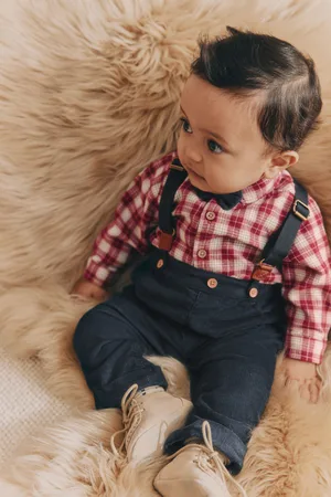 Next Boys Check Baby 100% Cotton Shirt Trousers and Braces Set 4 Piece (0mths-2yrs)