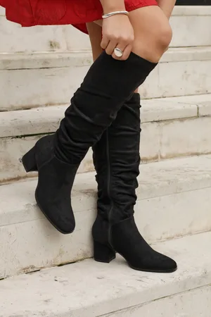 Linzi Black Margot Faux Suede Square Toe Block Heel Knee High Boots AU 6 (EU 37)