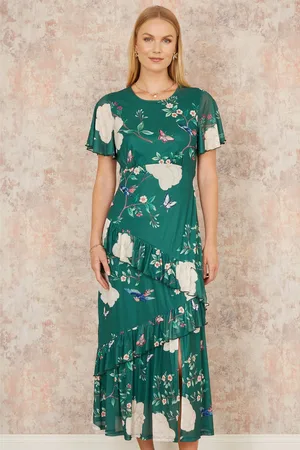 Yumi Mesh Bird And Floral Print Midi Dress With Ruffles AU 12