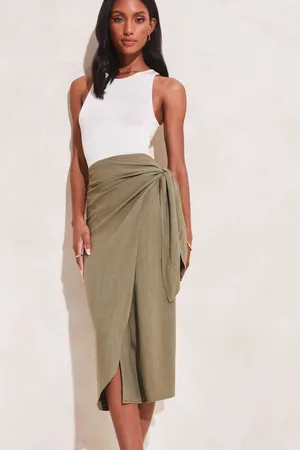 Lipsy London Womens Khaki Tie Waist Wrap Midi Skirt
