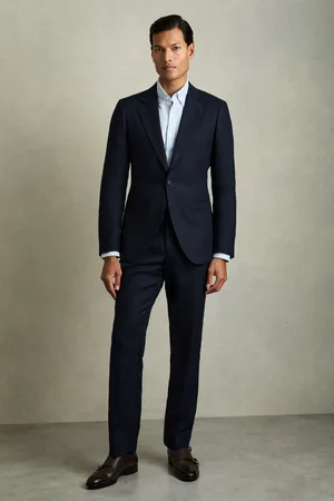 Reiss Mens Navy Kin Single-Breasted Linen Suit Blazer Slim Fit